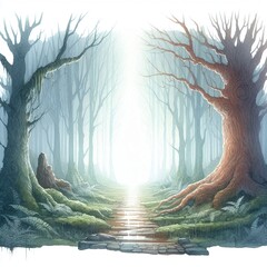 Poster - Minimalist watercolor illustration of Enchanted Forest Pathway with Mysterious Light and Ancient Trees