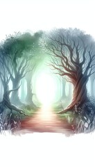 Poster - Minimalist watercolor illustration of Enchanted Forest Pathway with Mysterious Light and Ancient Trees