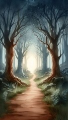 Poster - Minimalist watercolor illustration of Enchanted Forest Pathway with Mysterious Light and Ancient Trees