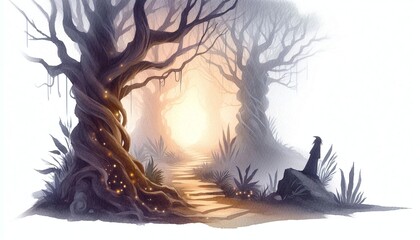 Poster - Minimalist watercolor illustration of Enchanted Forest Pathway with Mysterious Light and Ancient Trees