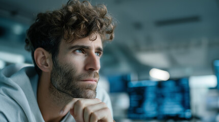Casual IT specialist with abstract tech background, symbolizing innovation in modern workspaces.
