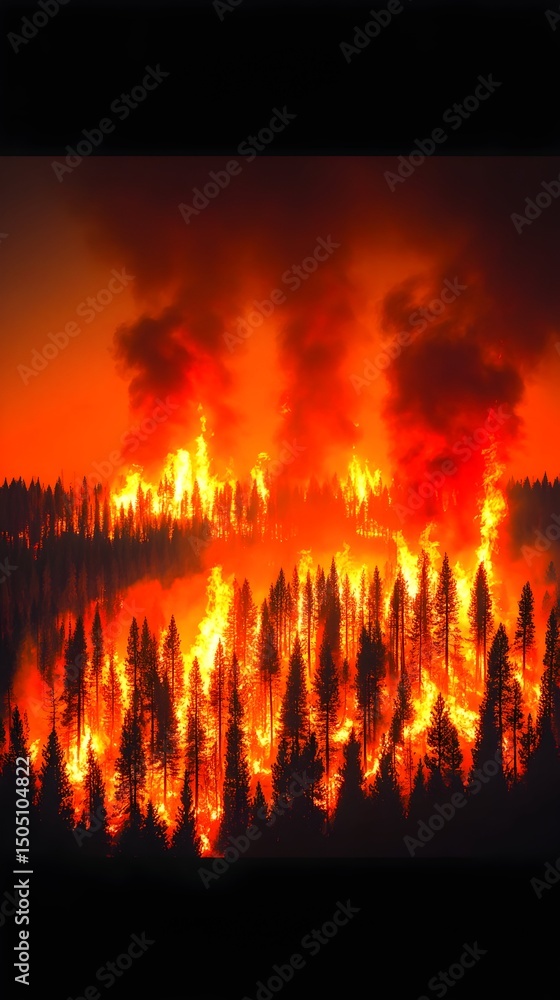 Fiery inferno consumes a dense forest, towering flames and billowing ...