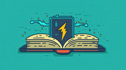 Poster - Open book with lightning bolt icon symbolizes knowledge and energy, set against teal background. minimalist design features digital elements, suggesting fusion of technology and learning