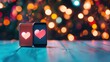 © tashechka - Two smartphones display glowing heart symbols, set against a vibrant bokeh background, creating a romantic atmosphere during a celebration
