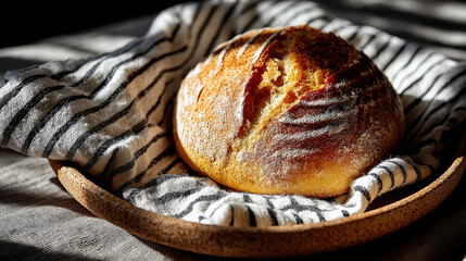Aufkleber - Freshly baked loaf of sourdough bread rests on striped cloth, placed on wooden plate, with sunlight casting soft shadows. crust is golden and crisp, evoking sense of warmth and comfort