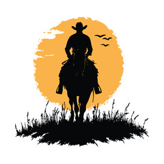 a cowboy riding a horse across the plain is a black-and-white silhouette vector designed for t-shirt