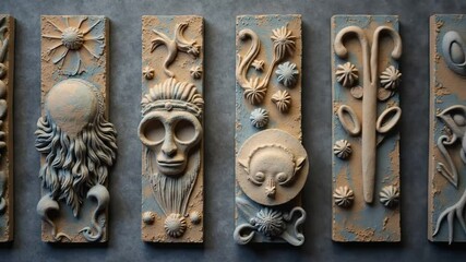 stone carvings of floral and abstract shapes old relief art display