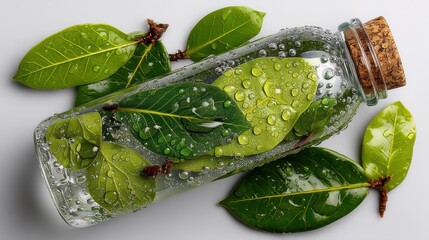 Wall Mural - Eco-friendly water bottle with droplets and green leaves, clean white background, sustainable lifestyle poster style