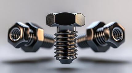 Poster - Three shiny metallic bolts with hexagonal heads are arranged in modern industrial design, showcasing precision engineering and sleek aesthetics