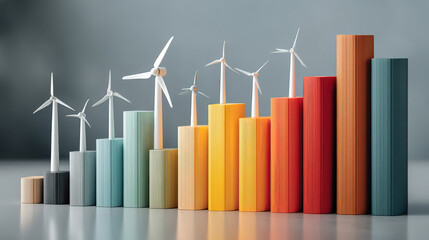 Leinwandbilder - Colorful bar graph with wind turbines on top represents renewable energy growth. Bars in various colors and heights symbolize increasing energy consumption and sustainability focus