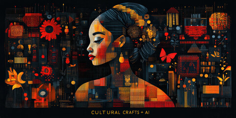 Poster - This features vibrant digital artwork of woman with woven texture background, blending cultural crafts with AI elements. composition includes flowers, geometric shapes, and butterflies