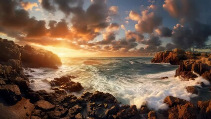 Wall Mural - A stunning sunset over rocky ocean waves highlighting vibrant clouds and golden light reflecting on the water.