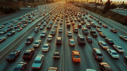 Poster - Aerial view of a congested city highway during rush hour, with countless cars stuck in traffic