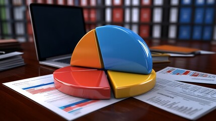 Leinwandbilder - A D pie chart with financial data floating above a business desk with a laptop and documents