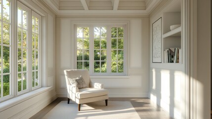 Poster - A bright and airy living room with white walls, large windows, and a cozy reading nook with a comfortable armchair
