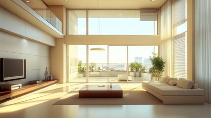 Poster - A bright and airy minimalist living room with neutral tones, sleek furniture, and soft natural lighting