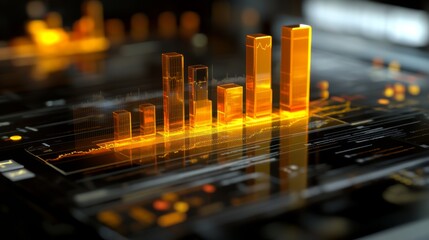 Poster - A close-up of a glowing D bar chart on a transparent screen, with financial statistics and analytics in the background