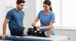 © Pure Imagination - Physical Therapist Putting Leg Brace on Patient in Clinic for Injury Rehabilitation