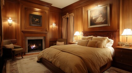 Poster - A cozy luxury bedroom with warm wood paneling, plush bedding, and a built-in fireplace