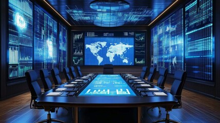 Poster - A corporate business meeting room with digital screens displaying economic trends and financial statistics