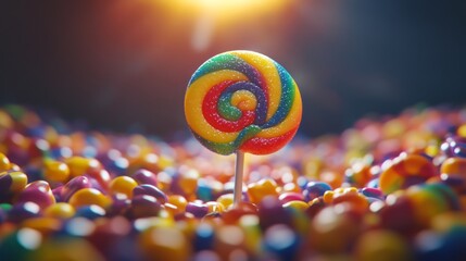 Leinwandbilder - A giant rainbow lollipop standing upright in a pile of small, colorful candies