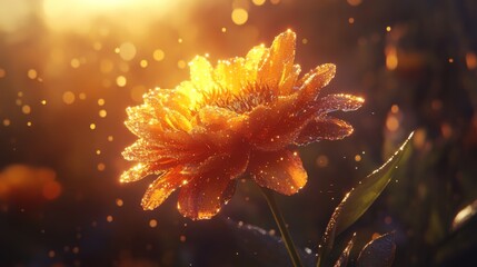 Poster - A glowing golden marigold with water droplets shimmering in the morning light
