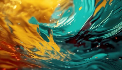 Poster - abstract teal and amber fluid wave with golden droplet for modern web design, print, branding, and digital art background


