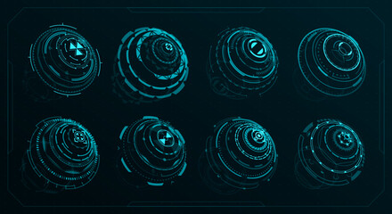 Poster - HUD futuristic circular screen panels and control bars in sphere shapes, vector dashboard interface. HUD elements and Sci Fi UI design for game with virtual circular spherical panels of navigation