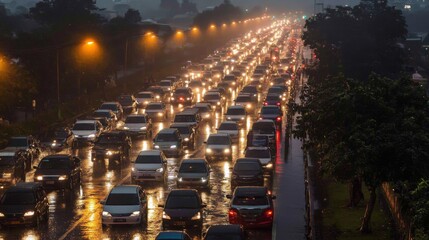 Poster - A long line of vehicles stuck in a traffic jam on a rainy evening, with headlights reflecting on wet roads