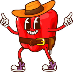 Poster - Groovy pepper cowboy or Wild West bandit character, cartoon vector vegetable. Funny groovy bell pepper in Western cowboy hat, Texas sheriff in sombrero with revolver gun in bandoleer and happy face