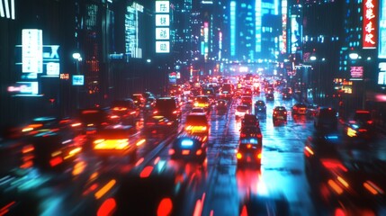 Fototapete - A motion-blurred image of city traffic under bright neon lights at night, capturing urban congestion