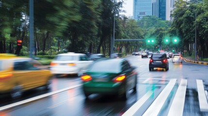 Fototapete - A motion-blurred shot of cars speeding through a green traffic light in an urban setting