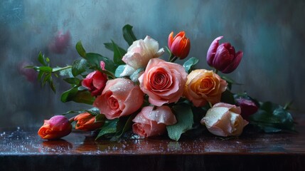 Poster - A romantic bouquet of roses and tulips with water droplets, placed on a wooden table