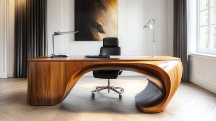 Aufkleber - A stylish minimalist home office with a sleek wooden desk, ergonomic chair, and uncluttered workspace