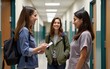 © zhao - Happy teacher talks to high school student and her mother in hallway at school. High quality