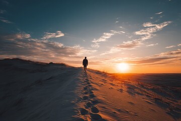 Aufkleber - Solitary figure walking along sandy dune at sunset in a tranquil landscape