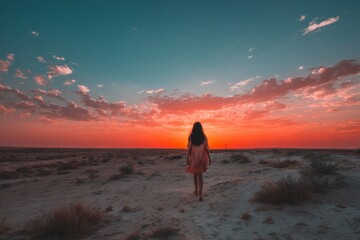 Aufkleber - Woman walking in a vast desert landscape during a vibrant sunset with colorful skies and wispy clouds