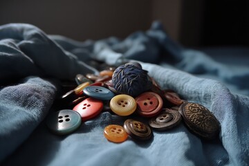 Poster - Colorful buttons scattered on a soft fabric background in a cozy indoor setting