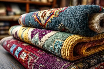 Poster - Textiles displayed in a cozy shop showing colorful woven rugs and intricate patterns in warm lighting
