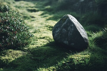 Fototapete - Large gray stone resting on lush green moss in a serene outdoor landscape during daylight