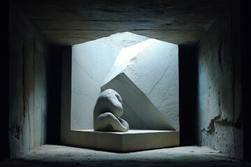 Fototapete - Contemplative stone sculpture illuminated within a geometric alcove in an art gallery