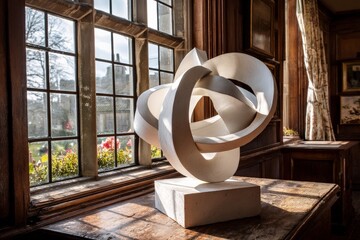 Fototapete - Modern white sculpture displayed elegantly in a sunlit room surrounded by wooden panels and large windows in a historic building