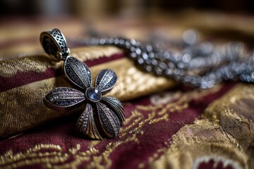 Poster - Flower-shaped pendant displayed on luxurious fabric with intricate details shining under soft light