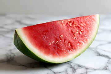 Wall Mural - Fresh watermelon slice resting on a marble countertop in natural light