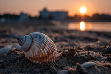 Aufkleber - Stunning seashell rests on sandy shore during sunset by tranquil water reflecting warm colors