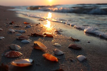 Aufkleber - Colorful seashells scattered on sandy beach at sunset near gentle waves