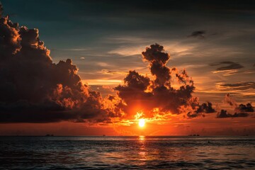 Aufkleber - Vibrant sunset over calm ocean waters with fluffy clouds at dusk