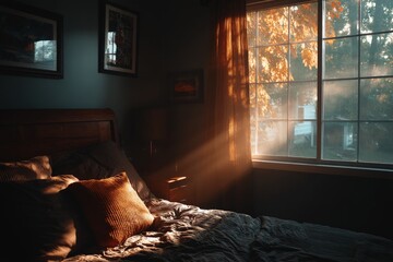 Poster - Warm sunlight filters through the window creating a cozy atmosphere in a bedroom during autumn afternoon