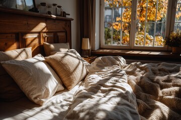 Poster - Cozy bedroom with sunlight streaming through window showcasing autumn foliage outside