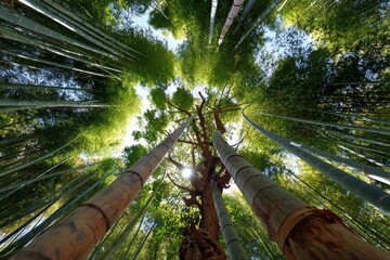 Fototapete - Tall bamboo stalks reach towards the sky in a serene forest with sunlight filtering through the leaves